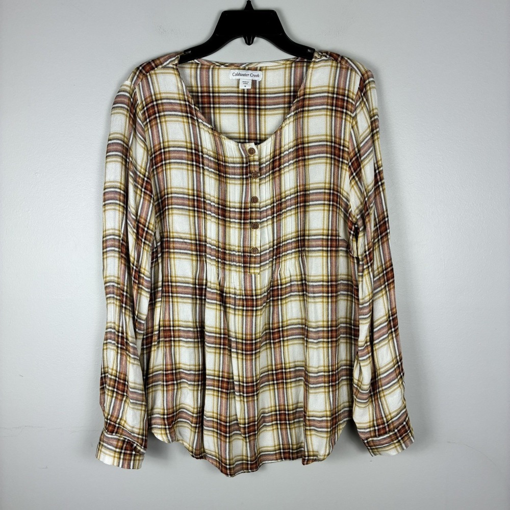 Womens Flannel Henley Tunic Tartan Plaid Blouse sz M Cabin Granola Girl Woodsy